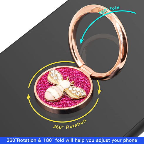 YINHEXI Phone Ring Holder Finger Kickstand, Cell Phone Ring Holder Finger Grip 360 Degree Rotation, with Crystal Stone Enamel Bee (Rose Red)...