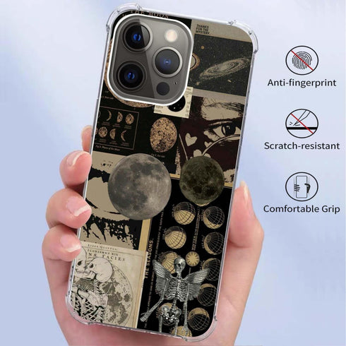 Aesthetic Vintage Grunge Collage Phone Case Compatible with iPhone 12 Pro Max, Skull Planets Collage Cover for Teens Men Women, Trendy Cool TPU Bu...