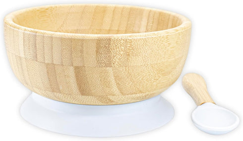 Baby Bamboo wooden Bowl and Spoon Feeding Set Removable Silicone Suction Cup for Kids / 12oz / Non-Toxic/Ideal for Baby-Led Weaning (Gray)...