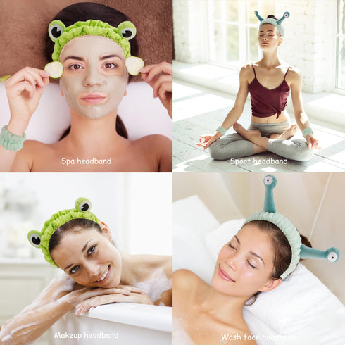 6Pcs Skincare Headbands Snail Spa Headband and Wristband Set Alien Headband Green Frog Face Wash Wristbands Cute Makeup Headband Hair Band for Was...