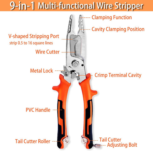 9 in 1 Wire Stripper Tool,Wire strippers,Wire Stripper Pliers Tool with Tail Cutter,Cable Cutters,CR-V Multifunctional Wire Stripping Crimping Too...