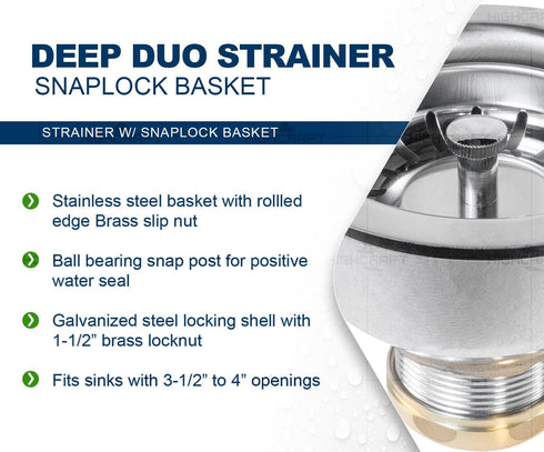 Highcraft 9754 Kitchen Sink (3-1/2 Inch) Stainless Steel Drain Assembly With Strainer Basket and Snaplock Stopper Long Extended Shank (3-3/4 Inch)...