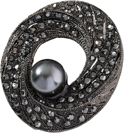 ROFARSO Dark Silver Victorian Style Twist Round Brooch Pin with Black Pearl for Women Dark Gray Rhinestone Crystal Accessory for Wedding Party Gif...