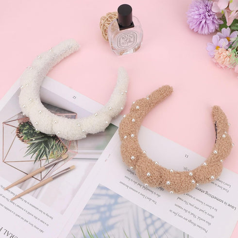 Wecoe 2pcs Pearl Skincare Headbands For Washing Face White Khaki Fluffy Spa Headbands Makeup Headband Face Wash Puffy Sponge Bubble Headband Hair ...