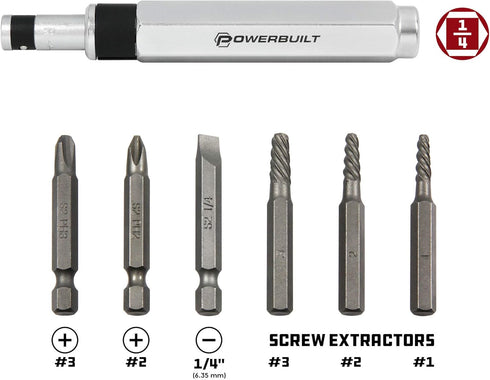 Powerbuilt - 7 Pc. Mini Impact Driver & Extractor Set, Hand Tools, Bit Drivers & Bits, Bit Drivers - Multi-In-One (647767), Silver...