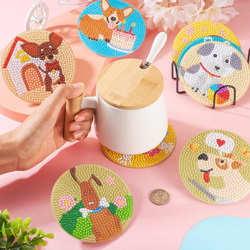 FASHEWELRY 8pcs Diamond Painting Coaster Kit Dog Pattern Diamond Dot Coasters Diamond Art Kits for Beginners, Adults, Kids...