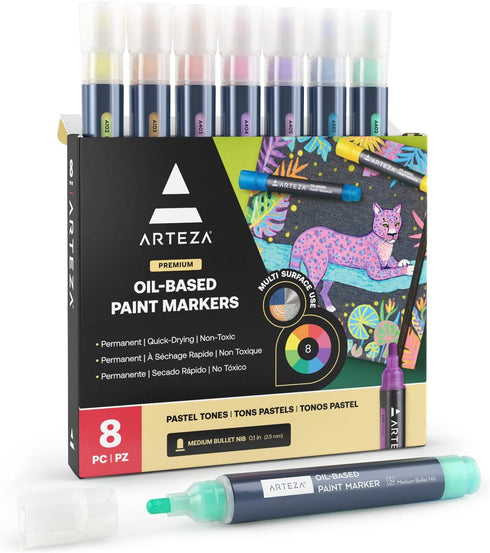 ARTEZA Pastel Oil-Based Markers, 8-Pack, 2.5 mm Line, Large Barrel, Quick-Drying Permanent Marker Pens with Bullet Nib, Craft and Art Supplies...