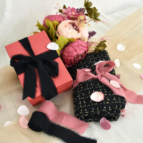 TONIFUL 4 Rolls Silk Chiffon Ribbon, 1-1/2 Inch x 22yds, Dusty Pink and Cream Chiffon Ribbons Set, Handmade Fringe Silk Ribbon for Gift Wrapping B...