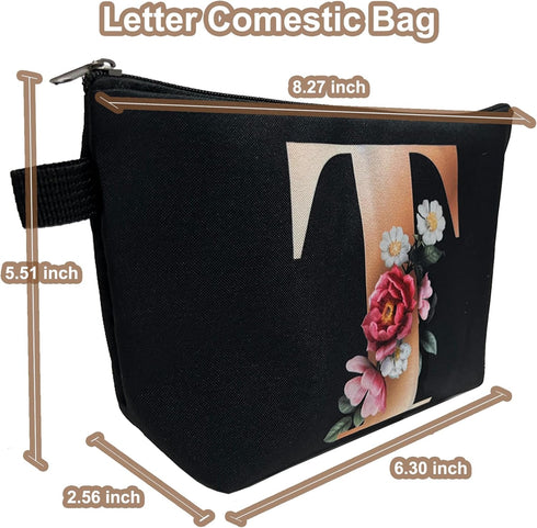 Small Letter Comestic Travel Bag Gold Alphabet with Flower Makeup Bag Portable Travel Stuff Bag Zipper Toiletry Pouch Personalized Gifts for Women...