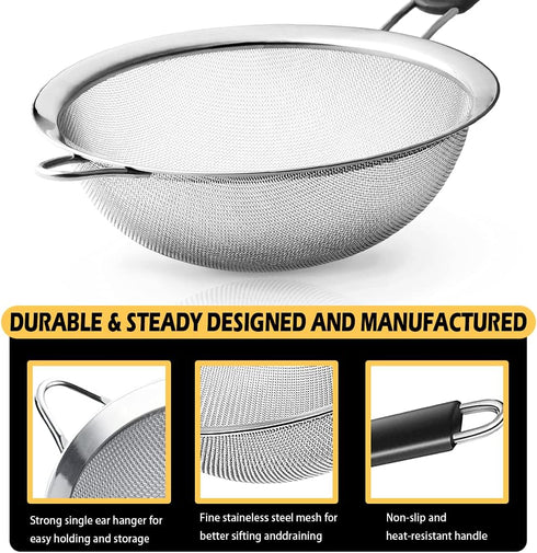 Stainless Steel Fine Mesh Strainers, Set of 3 Sizes Strainer for Kitchen, Wire Sieve with Insulated Handle Kitchen Strainer, Baking Tools Colander...