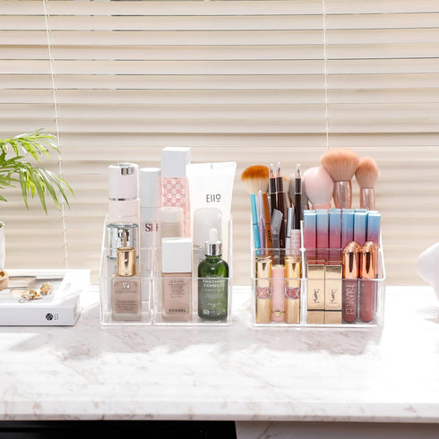 Yesesion Clear Makeup Organizer with 5 Compartments, Plastic Bathroom Counter Storage for Skincare, Toothbrush, Cosmetics Brushes, Palette, Lipsti...