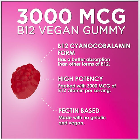 B12 Energy Gummy, Extra Strength 3000 mcg Vitamin B 12, B-12 Energy Metabolism & Immune System Support, Chewable Supplement for Adults & Kids, Caf...