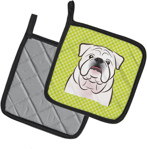 Caroline's Treasures BB1282PTHD Checkerboard Lime Green White English Bulldog Pair of Pot Holders Kitchen Heat Resistant Pot Holders Sets Oven Hot...
