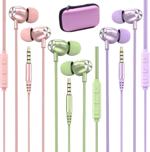 Bulk Wired Earbuds with Built-in Mic 3 Pack Pink Purple Green Multicolor Earphone with Microphone with 3.5mm Aux Jack Cheap Wired Headphone for Gi...