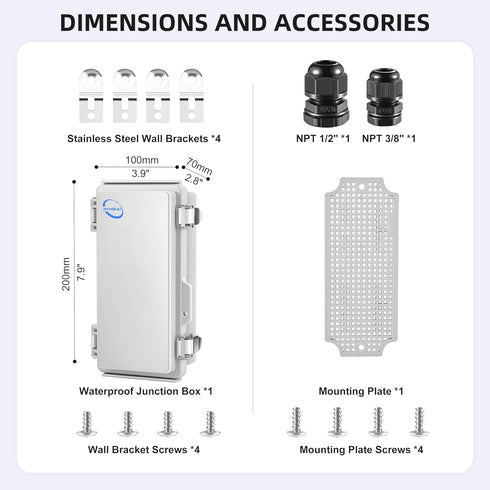 Waterproof Outdoor IP67 Junction Box (7.9"x3.9"x2.8") with Mounting Plate, Hinged Grey Cover and Wall Brackets - Weatherproof ABS Plastic Electric...