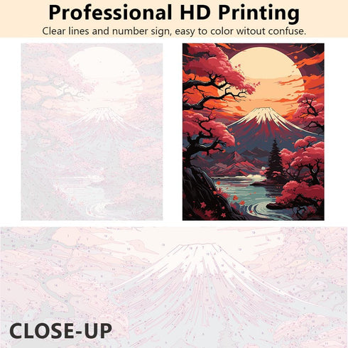 Mount Fuji Paint By Number for Adult Japan Landscape Paint By Numbers Kits DIY Moon Painting Artwork Pink Cherry Blossoms Running Water Paint By N...