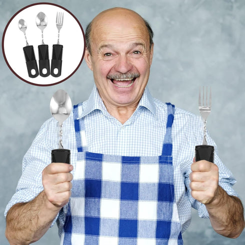 Beavorty Adaptive Utensils 3pcs Curved Spoon Fork with Non- Handles Stainless Steel Eating Silverware for Hand Tremors Elderly...