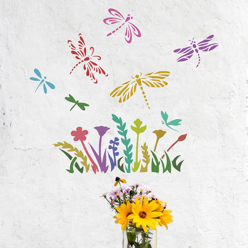 FINGERINSPIRE Dragonfly Flower Stencil 11.8x11.8inch Flying Dragonfly Painting Stencil Plant Wildflower Drawing Stencil, Reusable Art Craft Drawin...