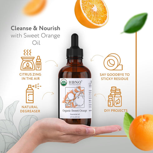 HBNO Organic Orange Essential Oil - Huge 4 oz (120ml) Value Size - USDA Certified Organic Orange Essential Oil, Cold Pressed for Aromatherapy, Soa...