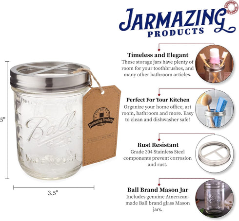Jarmazing Products Mason Jar Toothbrush Holder - with 16 Ounce Ball Mason Jar – Made from Rust-Proof Stainless Steel...