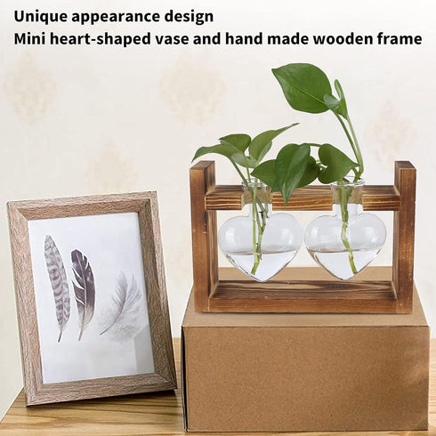 Plant Terrarium with Wooden Stand,Heart Shaped Transparent Glass Vase Flower Pot Hydroponics Plant Propagation Station for Hydroponics Plants Home...