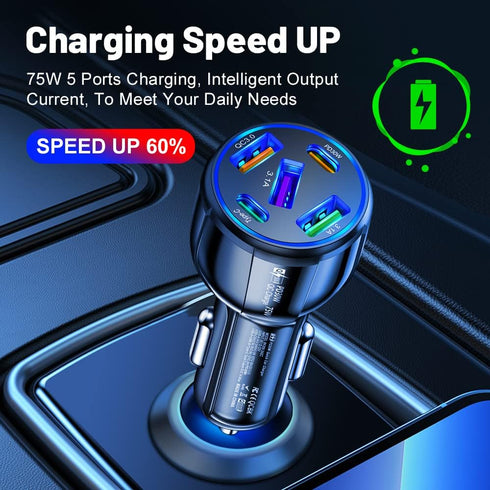 75W Ultra-Fast Car Charger, 30W/QC3.0/Type C 5-Port Smart Shunt 12 Volt Car Adapter Cigarette Lighter USB Charger Compatible with iPhone 14 Pro MA...