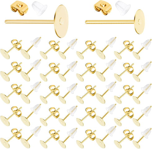 Earring Posts Stainless Steel, Flasoo 1200Pcs Hypoallergenic Earrings Posts and Backs, Gold Flat Pad Ear Ring Studs with Clutch for Earring Making...