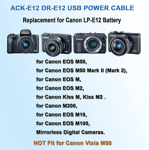 TKDY ACK-E12 USB Cord Cameras Power Supply M50 Dummy Battery LP-E12 DR-E12 DC Coupler Kit, fit for Canon EOS M50 Mark II, EOS M50 M100 M200 M M2 M...