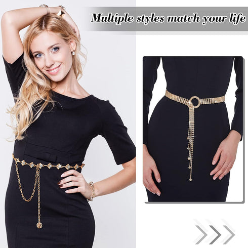 2 Pieces Rhinestone Belt for Women Shiny Crystal O-Ring Waist Belts for Dress Diamond Chain Belt for Ladies Dress Gift...