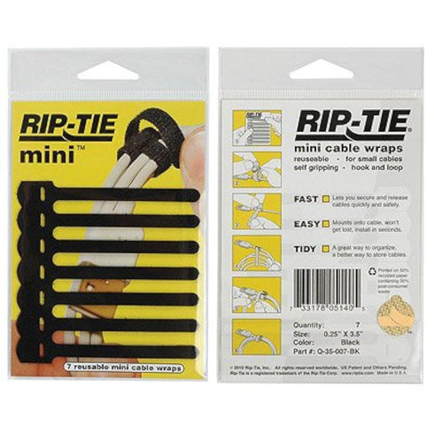 RIP-TIE Mini 1 /4" x 3-1/2" Cable Tie Perfect for USB Cable, Earbud Cords, Cell Phone Cord 7 Pack Black...