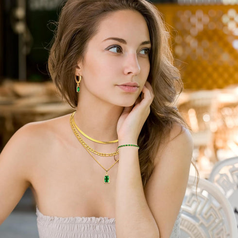 3 Pcs Emerald Jewelry Set Green and Gold Jewelry for Women Emerald Zirconia Layered Necklace Emerald Bracelets Earrings Birthday Anniversary Trend...