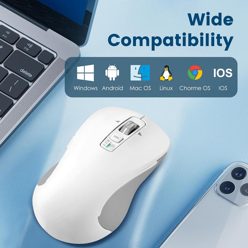 Wireless Bluetooth Mouse (USB + BT1 + BT2), Full Size Mouse, 4-Way Scrolling, Multi-Device Silent Mouse for Computer, Laptop, iPad, MacBook (White...