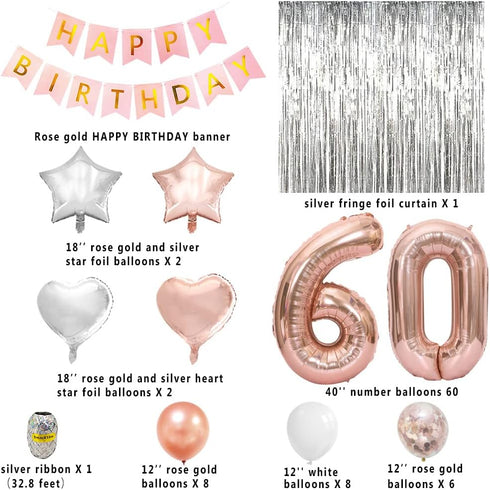 Happy 60th Birthday Decorations for Woman-Complete 60 Party Decor-Rose Gold 60th Birthday Balloons Kit for Women with 40" Giant 60 Number Balloon...