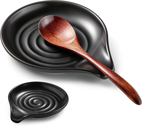 Spoon Rest for Stove Top, 6.1" Large Ceramic Spoon Holder for Kitchen Counter Decor, Heat-Resistant Cooking Utensil Rest, Coffee Spoon Holder, Bla...