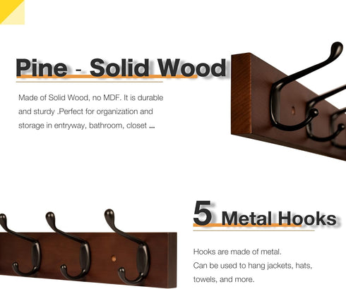 Wall Mount Coat Rack Coat Hooks, Wall hat Hanger,Walnut,2 Pack...