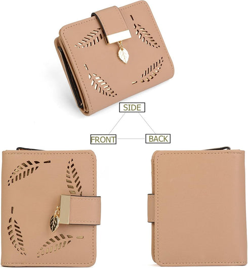 VODIU Women's Short Purse Leather Medium Wallet Leaf Bifold Card Coin Holder Small Purses Buckle Zipper Clutch...