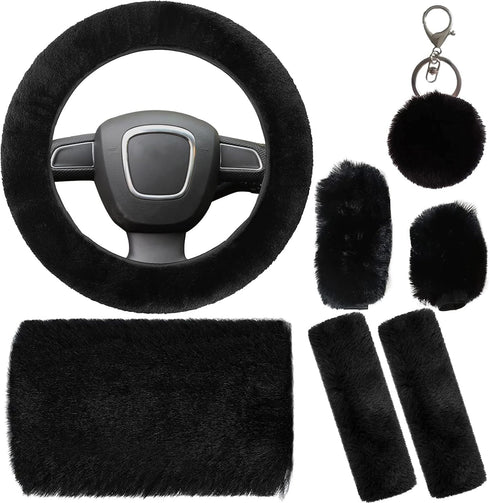 7 Pieces Fluffy Car Accessories Set, Cute Fluffy Steering Wheel Cover Set Faux Wool Seatbelt Shoulder Pads Auto Center Console Armrest Pads Fuzz H...