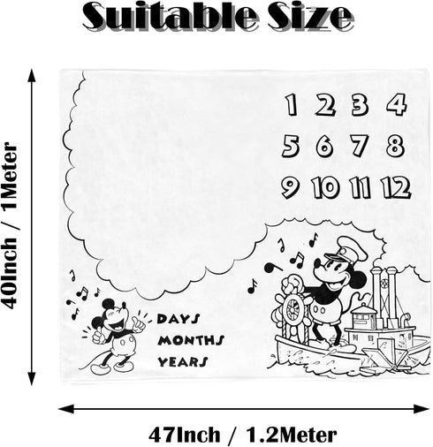 Baby Monthly Milestone Photo Blanket - Cartoon Mouse Design, Made with Soft Polyester and Classic Black & White Color Matching...