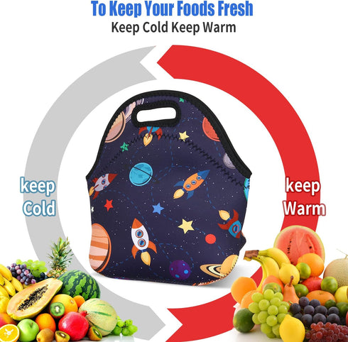 Violet Mist Women's Reusable Neoprene Lunch Bag, Space Rocket, Unisex, 11.4"L x 10.43"H x 5.51"W, 8.7 inches, fits containers up to 7"W...