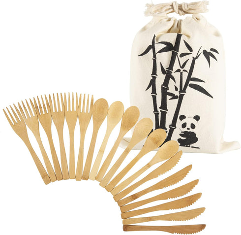 18PCS Reusable Bamboo Flatware Set,Bamboo Cutlery Set,Bamboo Forks Spoons Knives, Bamboo Utensil Cutlery Set for Picnic Party Travel, Bamboo Silve...