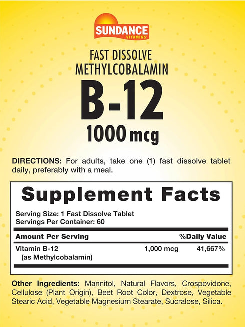 Vitamin B-12 1,000 mcg | 60 Fast Dissolve Tablets | As Methylcobalamin | Vegetarian, Non-GMO, and Gluten Free Supplement | by Sundance...