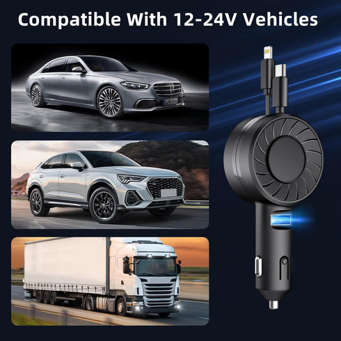 OTAO Retractable Car Charger, 3 in 1 Car Phone Charger Adapter Fast Charge 50W, Type C Cigarette Lighter USB Charger for iPhone 15/14/13/12 Pro Ma...