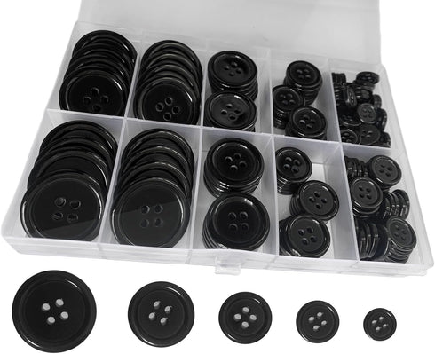 150 Pcs Premium Resin Sewing Buttons, 5 Sizes of Black Buttons, Flatback Button, Eco-Friendly 4-Hole Craft Buttons for Sewing, Suits, DIY and Deco...