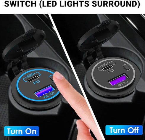 83W 12V USB Outlet Laptop Charger: Newest 2 Pack 65W USB-C PD3.0 and 18W QC3.0 Multi Car USB Port 12V Socket Waterproof with Power Switch for Car ...