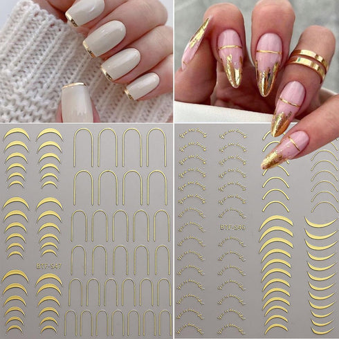 Gold Nail Art Stickers Metallic Line Nail Decals 3D Self-Adhesive Gold Silver Curve Stripe Wave Nail Design Luxury French Tip Manicure Nail Art Su...