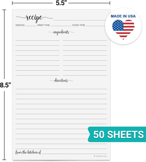 321Done Recipe Paper 5.5x8.5 White, 50-Pack, Made in USA, Blank Recipe Paper to Write in Your Own Recipes, Minimalist Half-Letter Size Refill Page...