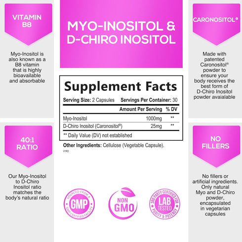 Myo-Inositol & D-Chiro Inositol Blend | Hormone Support for Women | Premium 40:1 Ratio, Ovarian Health Support | Myo Inositol Vitamin B8 | Inosito...