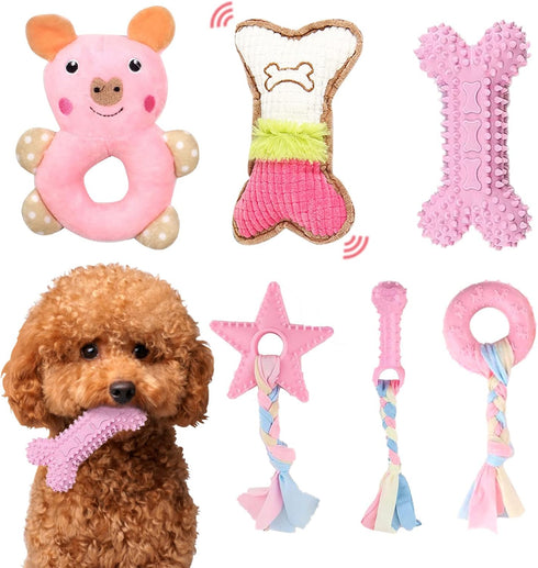 6 Pack Puppy Toys for Teething Small Dogs, Cute Pink Dog Chew Toys for Puppies, Soft Squeaky Dog Toys for Small Breed Cleaning Doggy Teeth, Outdoo...