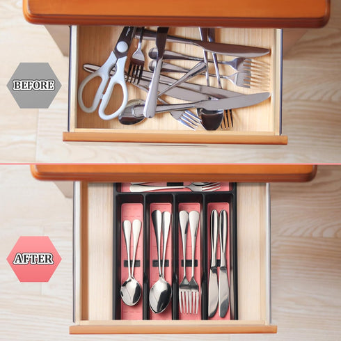 Silverware Organizer with Cutlery Icons?Silverware Tray for Kitchen Drawer?Plastic Flatware Tableware Silverware Drawer Organizer Utensil Organize...