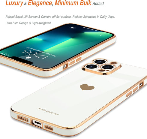 Teageo for iPhone 13 Pro Max Case for Women Girl Cute Love-Heart Luxury Bling Plating Soft Back Cover Raised Camera Protection Bumper Silicone Sho...